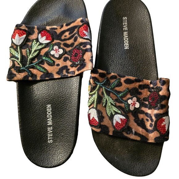 Steve Madden Womens Embroidered Leopard Print Slide Sandals - Size 8 - Picture 2 of 3